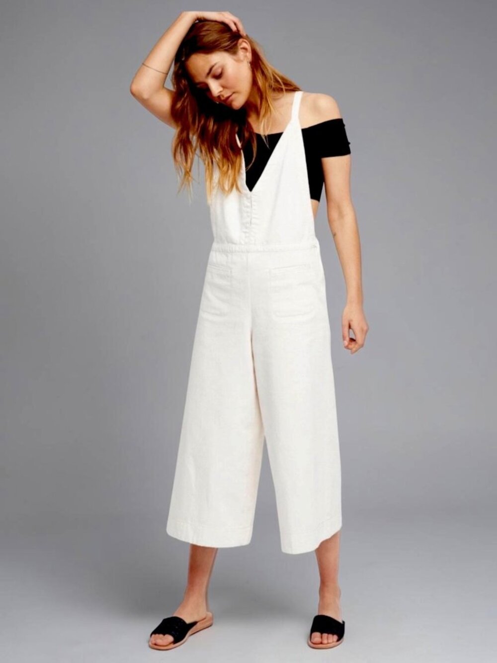 Free People Great Reflections Denim Overalls Wide Leg Cropped Sz 10 Minimalist